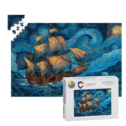 ColorFlow | Starry Voyage Tall Ship Wooden Jigsaw Puzzle Night Sky Art Inspired Puzzle