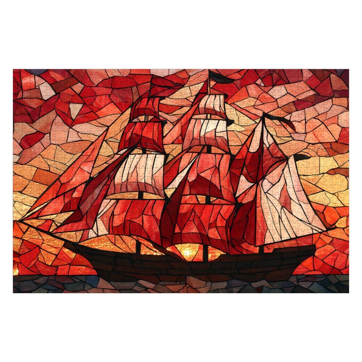 ColorFlow | Crimson Sails Stained Glass Style Wooden Jigsaw Puzzle Nautical Art Puzzle