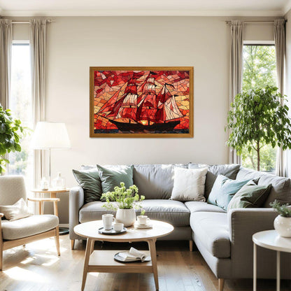 ColorFlow | Crimson Sails Stained Glass Style Wooden Jigsaw Puzzle Nautical Art Puzzle