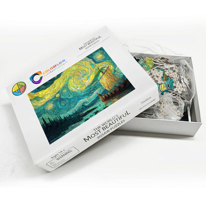 ColorFlow | Nordic Star Sail Wooden Jigsaw Puzzle Mythic Voyage Art Inspired Puzzle