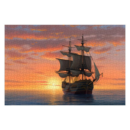 ColorFlow | Golden Horizon Tall Ship Wooden Jigsaw Puzzle Sunset Seascape Art Puzzle