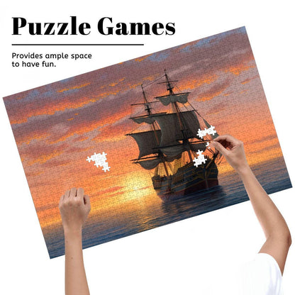 ColorFlow | Golden Horizon Tall Ship Wooden Jigsaw Puzzle Sunset Seascape Art Puzzle