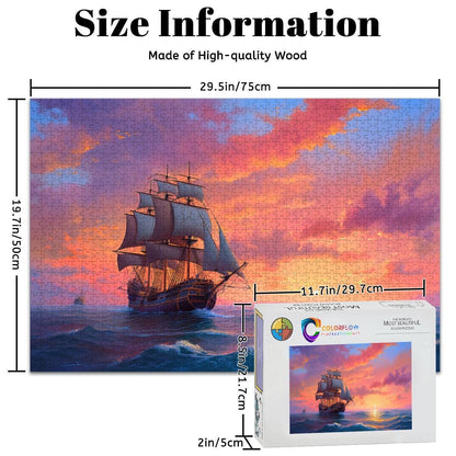 ColorFlow | Ember Sky Horizon Wooden Jigsaw Puzzle Sunset Sailing Art Inspired Puzzle