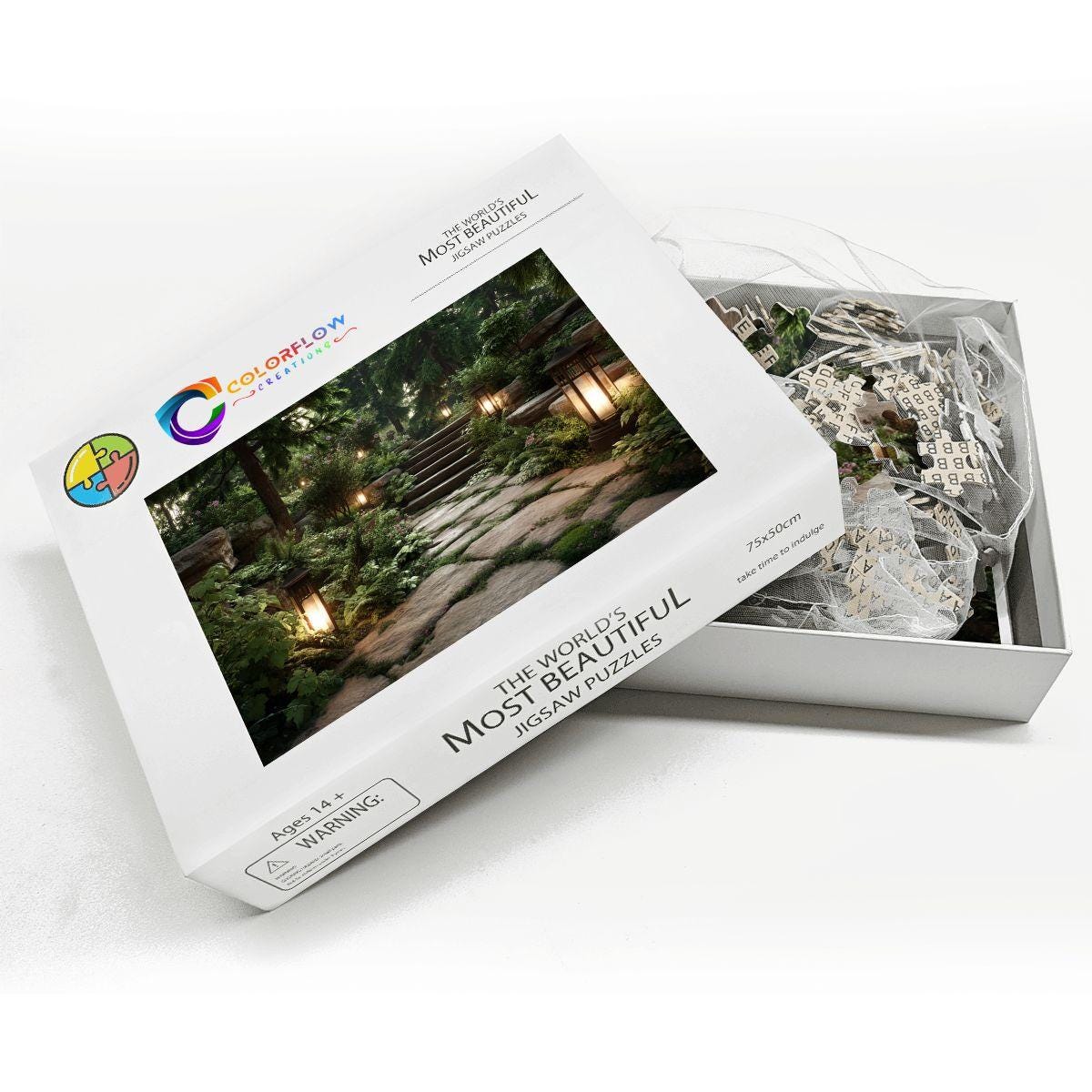 ColorFlow | Lantern Garden Path Wooden Jigsaw Puzzle Tranquil Forest Art Puzzle
