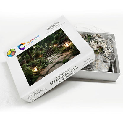 ColorFlow | Lantern Garden Path Wooden Jigsaw Puzzle Tranquil Forest Art Puzzle