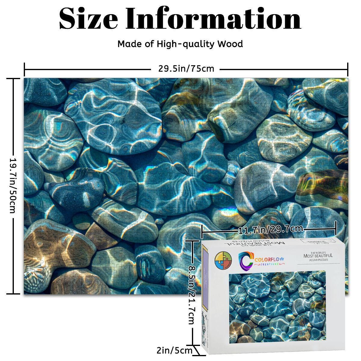ColorFlow | Sunlit Water Stones Wooden Jigsaw Puzzle Abstract Calm Nature Art Puzzle