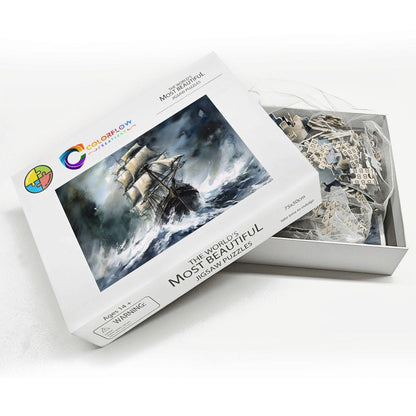 ColorFlow | Tempest Horizon Tall Ship Wooden Jigsaw Puzzle Stormy Sea Art Inspired Puzzle