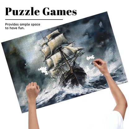 ColorFlow | Tempest Horizon Tall Ship Wooden Jigsaw Puzzle Stormy Sea Art Inspired Puzzle