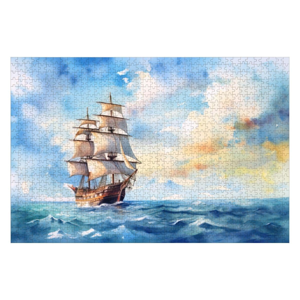 ColorFlow | Open Sky Voyager Wooden Jigsaw Puzzle Serene Sailing Watercolor Art Puzzle
