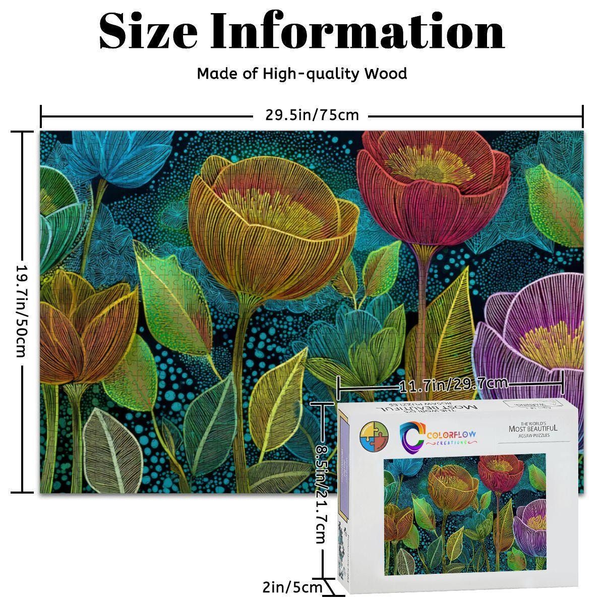 ColorFlow | Midnight Floral Radiance Wooden Jigsaw Puzzle Modern Botanical Art Puzzle