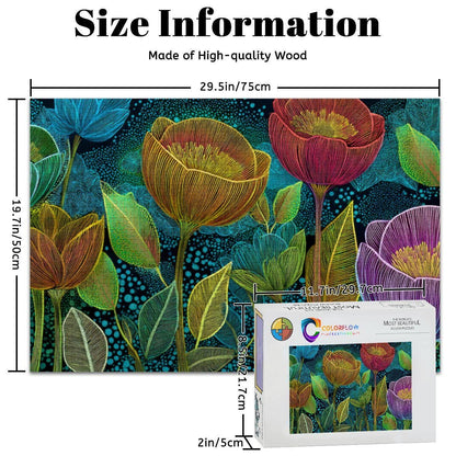 ColorFlow | Midnight Floral Radiance Wooden Jigsaw Puzzle Modern Botanical Art Puzzle