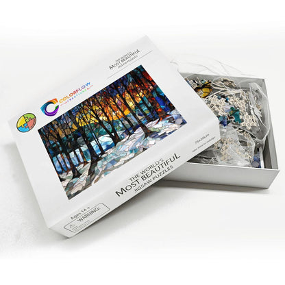 ColorFlow | Stained Glass Winter Grove Wooden Jigsaw Puzzle Luminous Forest Art Inspired Puzzle