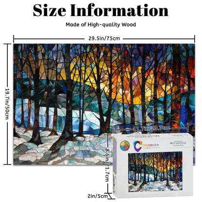 ColorFlow | Stained Glass Winter Grove Wooden Jigsaw Puzzle Luminous Forest Art Inspired Puzzle