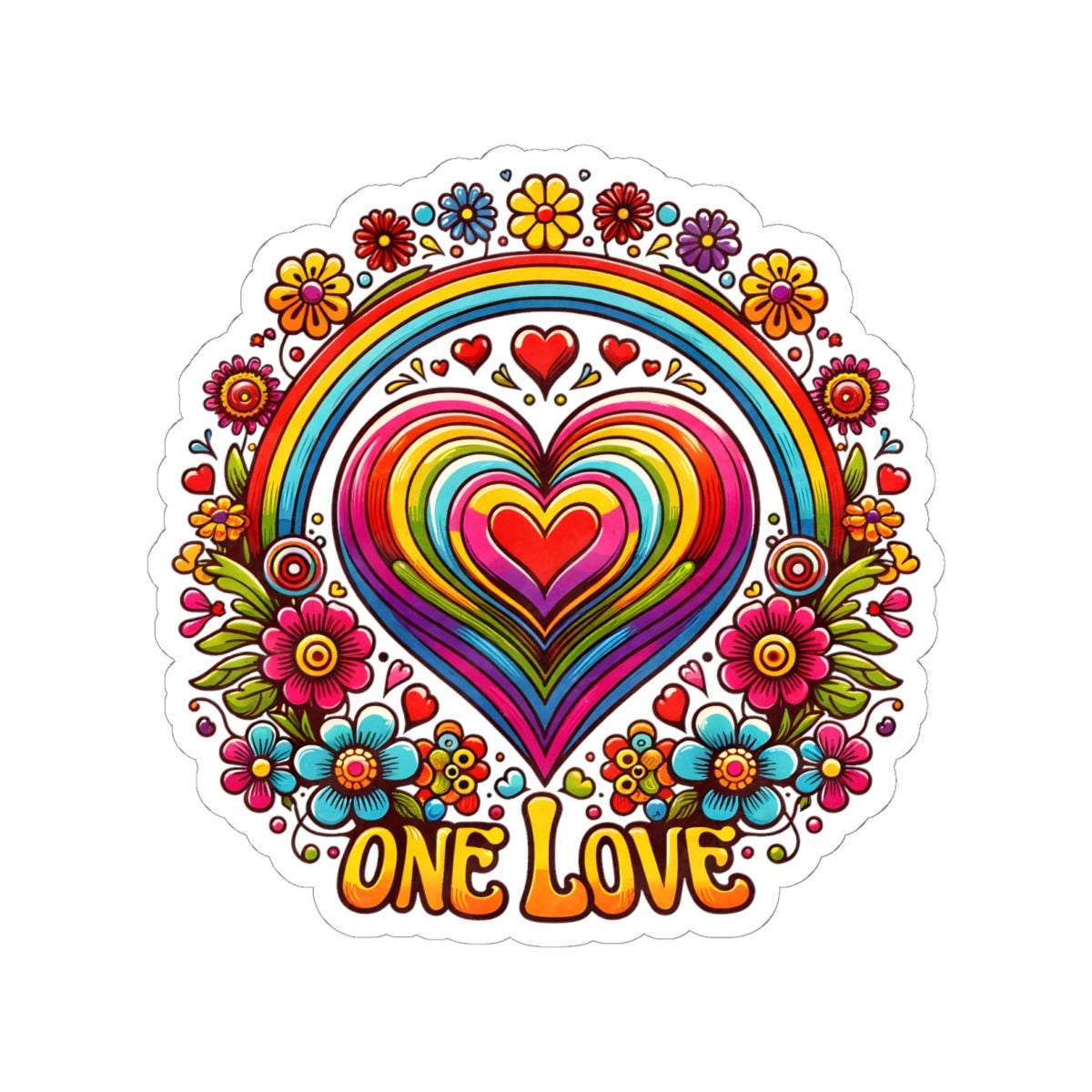 ColorFlow | One Love Rainbow Heart Floral Retro Hippie Art Vinyl Sticker