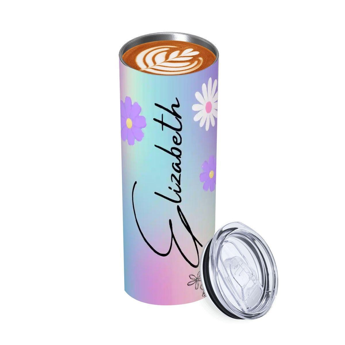 ColorFlow | Dreamy Pastel Rainbow Daisy 20oz Skinny Stainless Steel Tumbler With Straw Personalized Custom Name Floral Gift