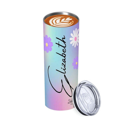 ColorFlow | Dreamy Pastel Rainbow Daisy 20oz Skinny Stainless Steel Tumbler With Straw Personalized Custom Name Floral Gift