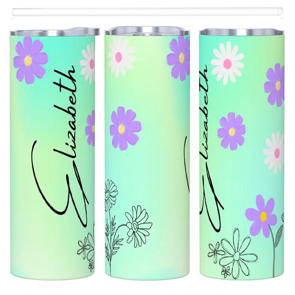 ColorFlow | Fresh Mint Meadow Daisy Personalized 20oz Skinny Stainless Steel Tumbler With Straw Custom Floral Name Gift