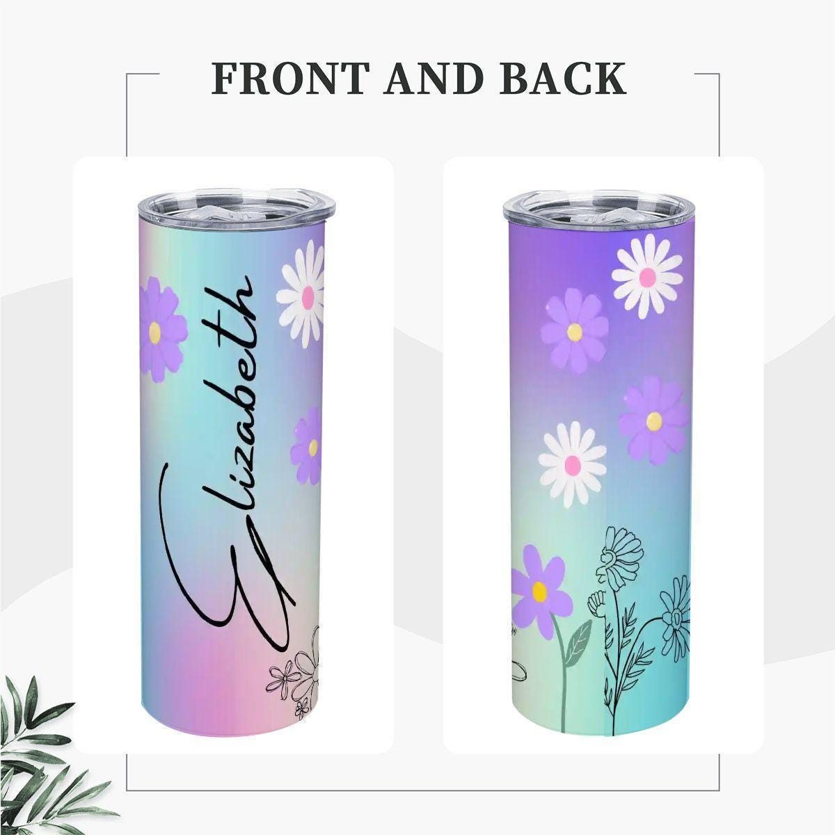 ColorFlow | Dreamy Pastel Rainbow Daisy 20oz Skinny Stainless Steel Tumbler With Straw Personalized Custom Name Floral Gift