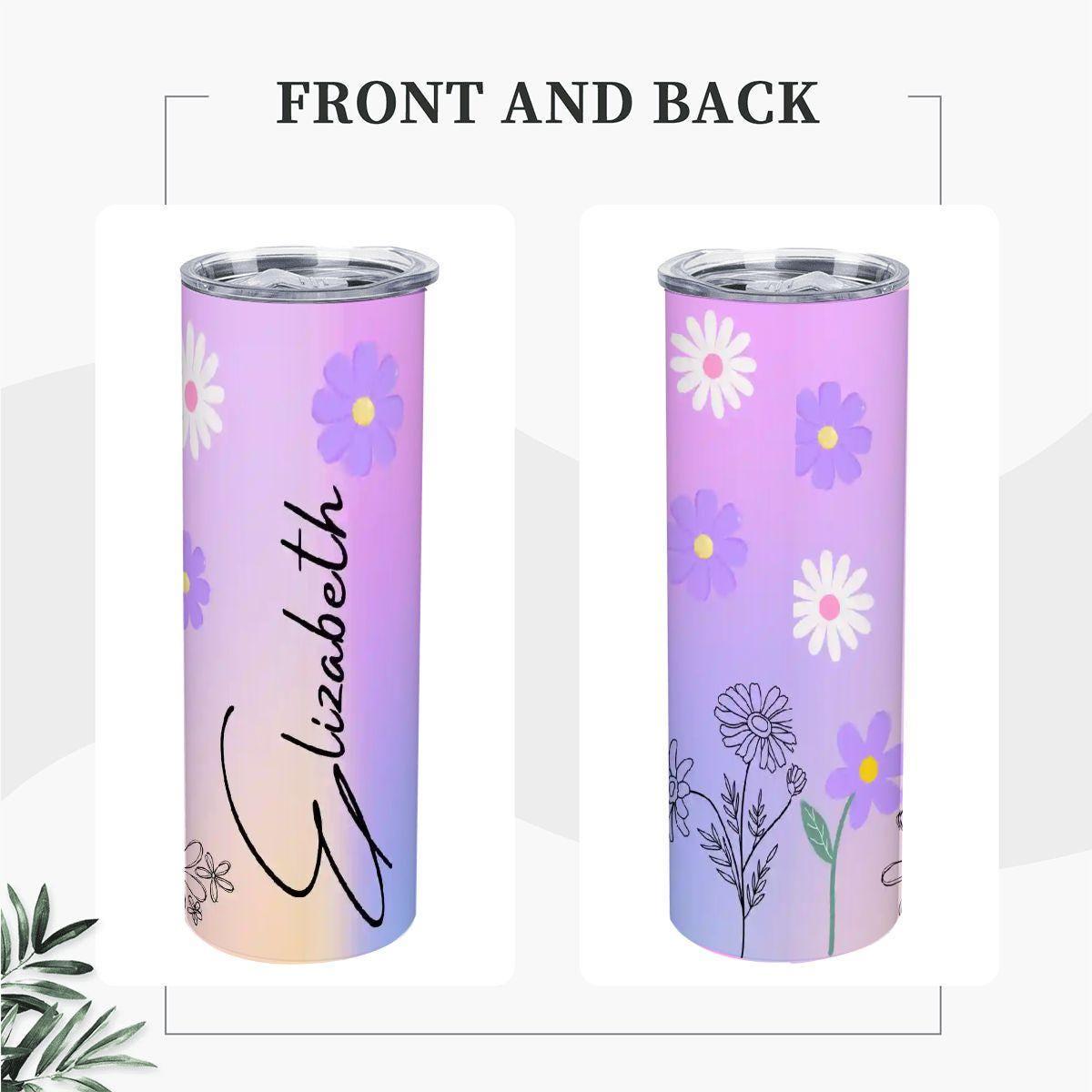 ColorFlow | Enchanted Lavender Daisy Personalized 20oz Skinny Stainless Steel Tumbler With Straw Custom Floral Name Gift