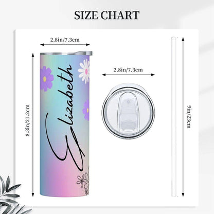 ColorFlow | Dreamy Pastel Rainbow Daisy 20oz Skinny Stainless Steel Tumbler With Straw Personalized Custom Name Floral Gift