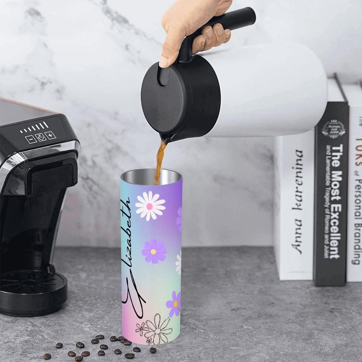 ColorFlow | Dreamy Pastel Rainbow Daisy 20oz Skinny Stainless Steel Tumbler With Straw Personalized Custom Name Floral Gift
