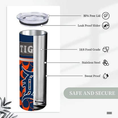 ColorFlow | Detroit Tigers Inspired Fashion 20oz Skinny Stainless Steel Tumbler With Straw Vibrant Baseball Travel Cup