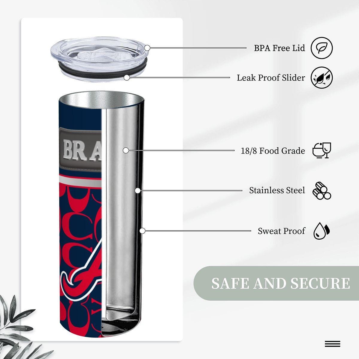 ColorFlow | Atlanta Braves Inspired Fashion 20oz Skinny Stainless Steel Tumbler With Straw Bold Game Day Travel Mug