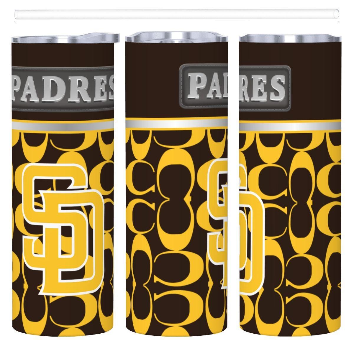 ColorFlow | San Diego Padres Inspired Fashion 20oz Skinny Stainless Steel Tumbler With Straw Gold Brown Baseball Fan Cup