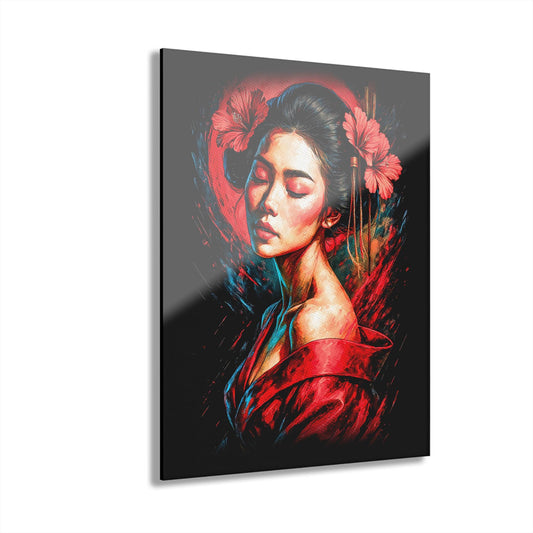 ColorFlow | Scarlet Blossom Geisha Portrait Modern Japanese Art Metal Wall Decor Statement Piece