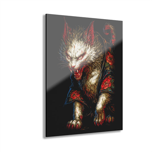 ColorFlow | Fierce Mystic Cat Yokai Inspired Metal Wall Art Gothic Japanese Fantasy Decor