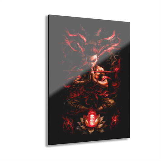 ColorFlow | Crimson Lotus Warrior Meditation Metal Sign Zen Samurai Inspired Wall Art Decor