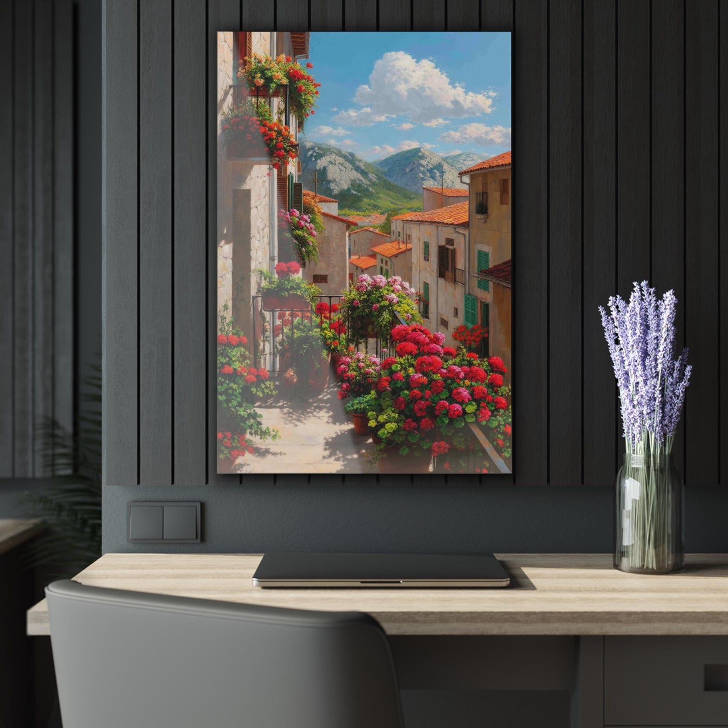 ColorFlow | Charming Mountain Village Metal Wall Art | Scenic European Town Decor | Rustic Balcony Flower Wall Accent