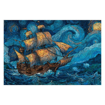 ColorFlow | Starry Voyage Tall Ship Wooden Jigsaw Puzzle Night Sky Art Inspired Puzzle