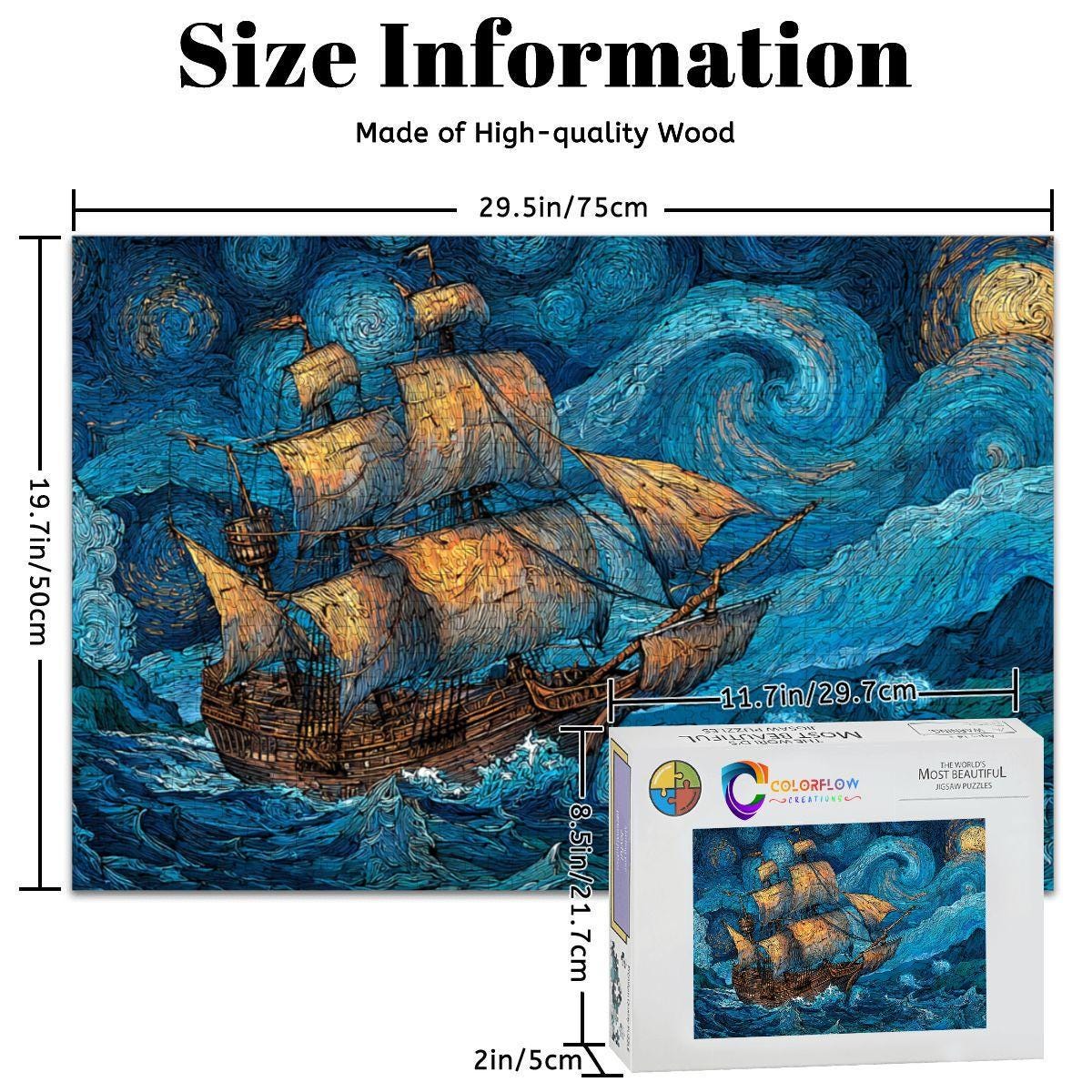 ColorFlow | Starry Voyage Tall Ship Wooden Jigsaw Puzzle Night Sky Art Inspired Puzzle