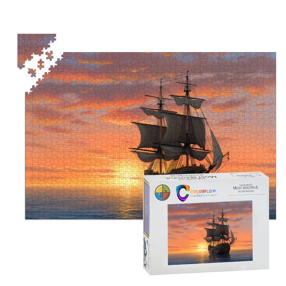 ColorFlow | Golden Horizon Tall Ship Wooden Jigsaw Puzzle Sunset Seascape Art Puzzle