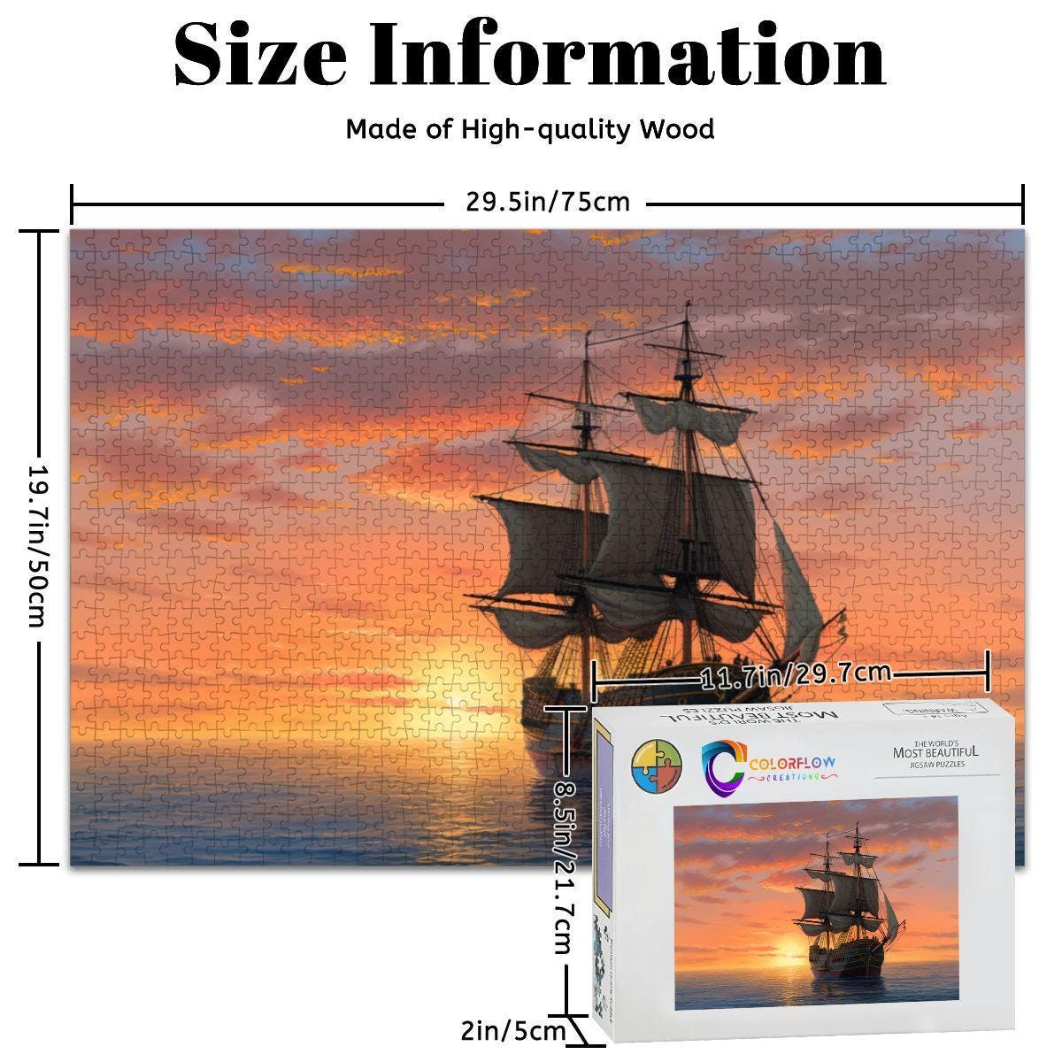 ColorFlow | Golden Horizon Tall Ship Wooden Jigsaw Puzzle Sunset Seascape Art Puzzle