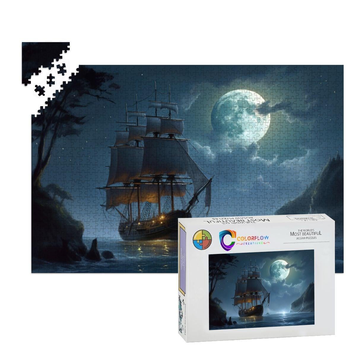 ColorFlow | Moonlit Passage Tall Ship Wooden Jigsaw Puzzle Dreamy Night Sea Art Puzzle