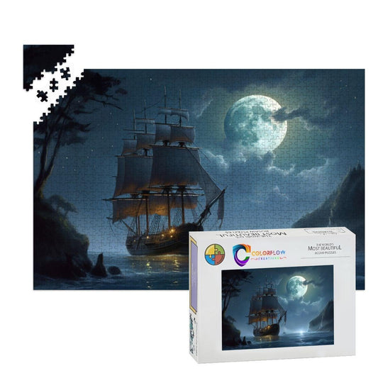 ColorFlow | Moonlit Passage Tall Ship Wooden Jigsaw Puzzle Dreamy Night Sea Art Puzzle