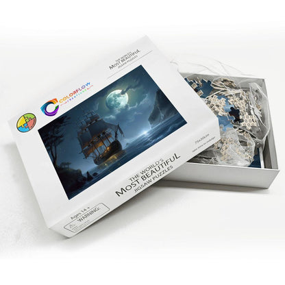 ColorFlow | Moonlit Passage Tall Ship Wooden Jigsaw Puzzle Dreamy Night Sea Art Puzzle