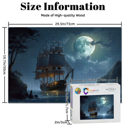 ColorFlow | Moonlit Passage Tall Ship Wooden Jigsaw Puzzle Dreamy Night Sea Art Puzzle