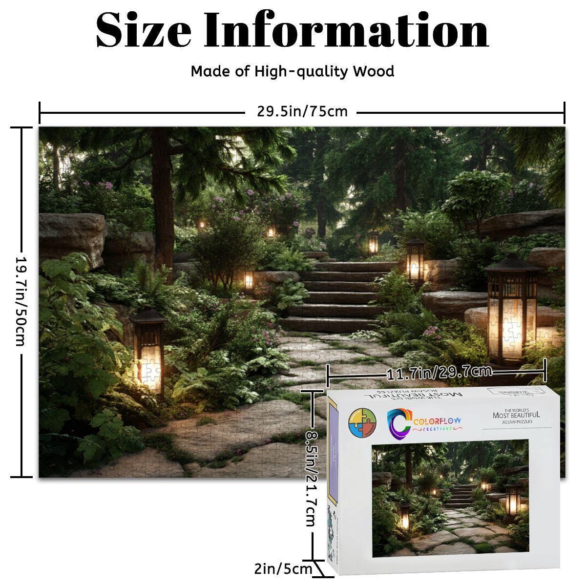 ColorFlow | Lantern Garden Path Wooden Jigsaw Puzzle Tranquil Forest Art Puzzle