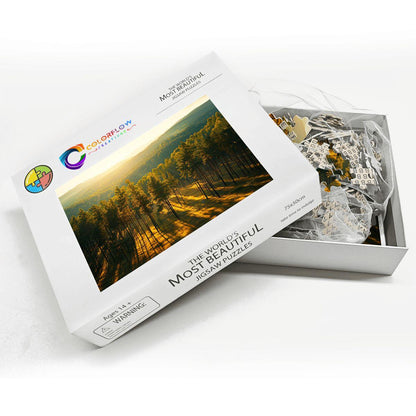 ColorFlow | Golden Forest Light Wooden Jigsaw Puzzle Peaceful Woodland Art Inspired Puzzle
