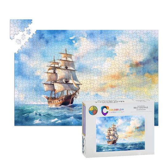 ColorFlow | Open Sky Voyager Wooden Jigsaw Puzzle Serene Sailing Watercolor Art Puzzle