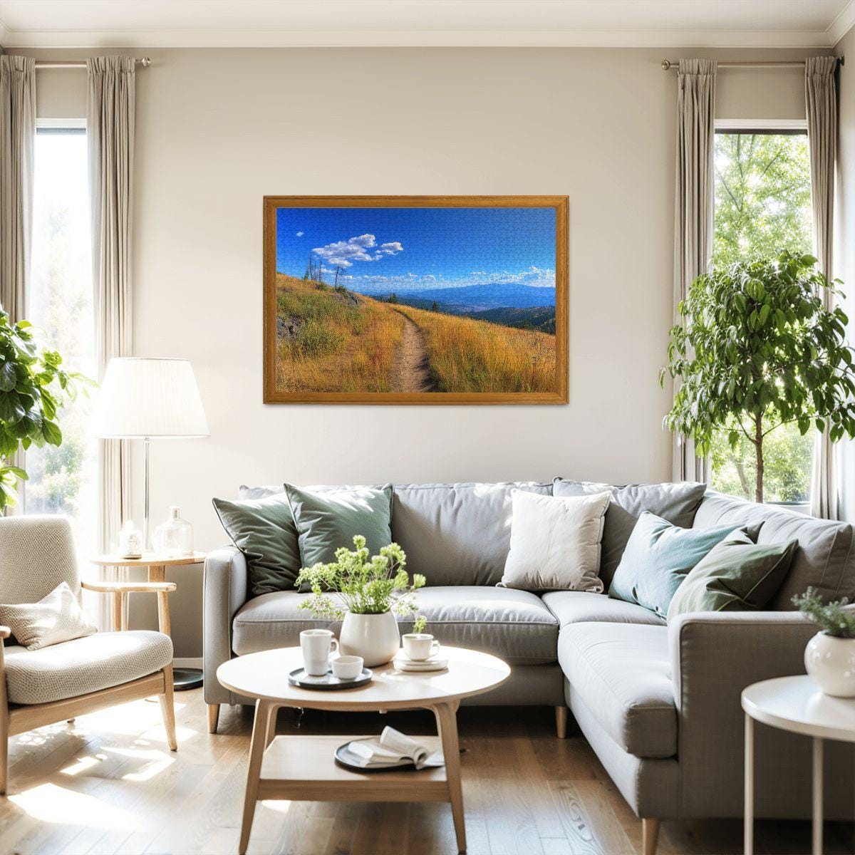 ColorFlow | Sunlit Mountain Trail Wooden Jigsaw Puzzle Peaceful Landscape Art Inspired Puzzle