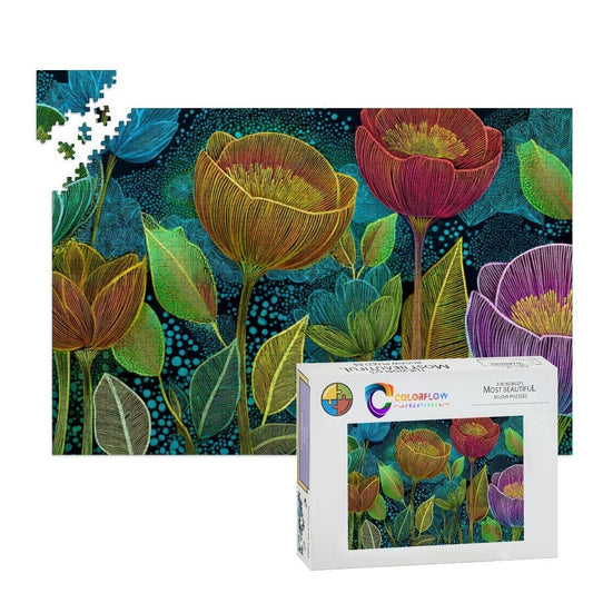 ColorFlow | Midnight Floral Radiance Wooden Jigsaw Puzzle Modern Botanical Art Puzzle