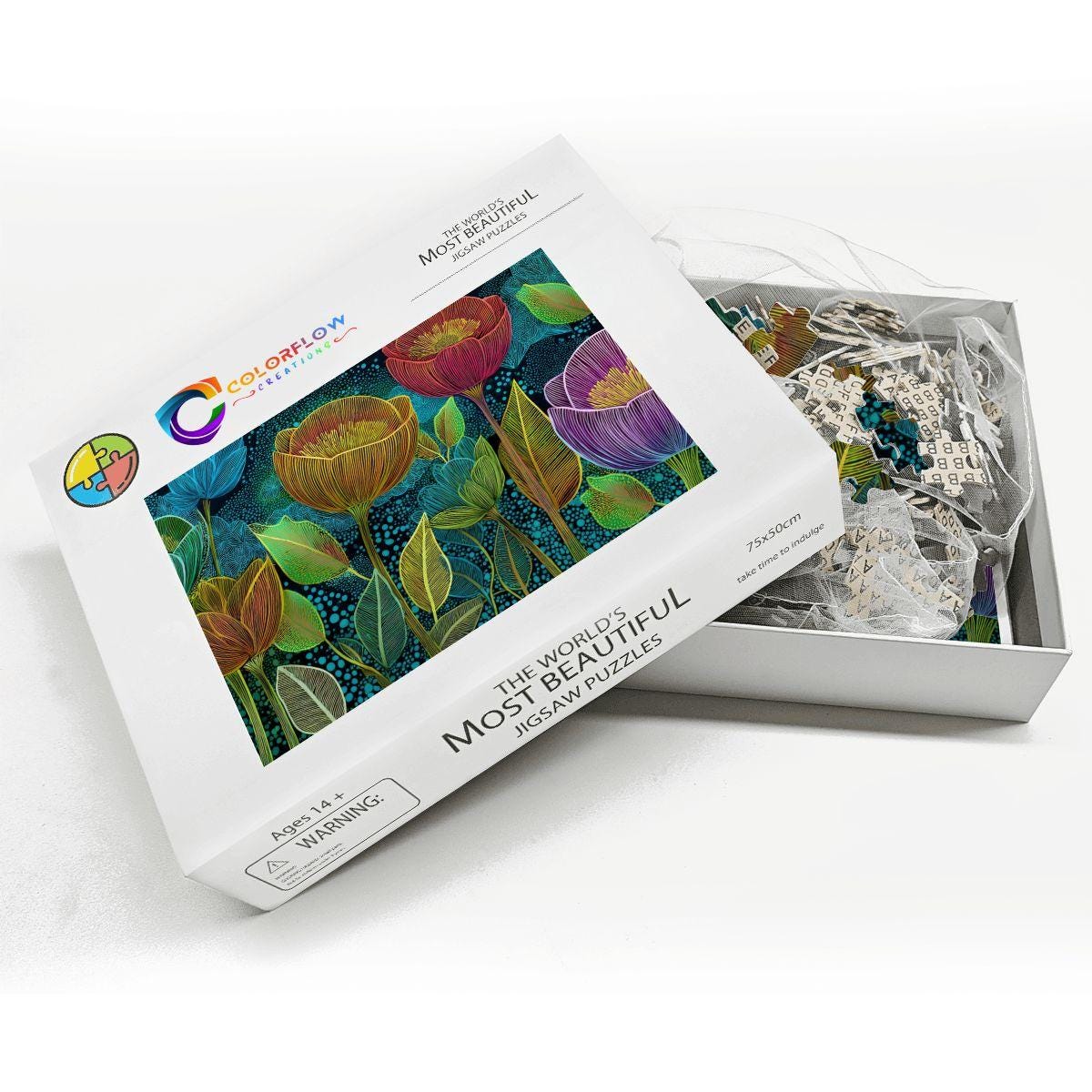 ColorFlow | Midnight Floral Radiance Wooden Jigsaw Puzzle Modern Botanical Art Puzzle