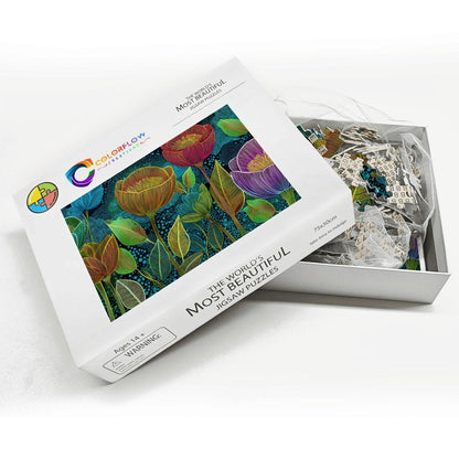 ColorFlow | Midnight Floral Radiance Wooden Jigsaw Puzzle Modern Botanical Art Puzzle