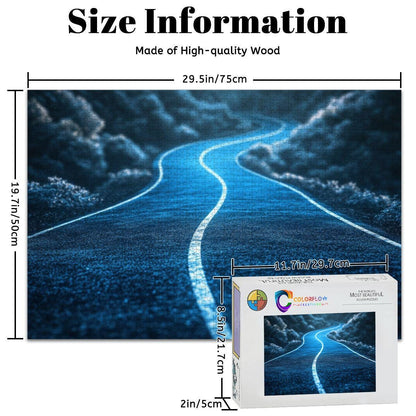 ColorFlow | Blue Path Into the Unknown Wooden Jigsaw Puzzle Surreal Journey Art Puzzle