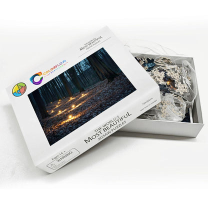 ColorFlow | Enchanted Lantern Forest Wooden Jigsaw Puzzle Mystical Woodland Light Art Puzzle