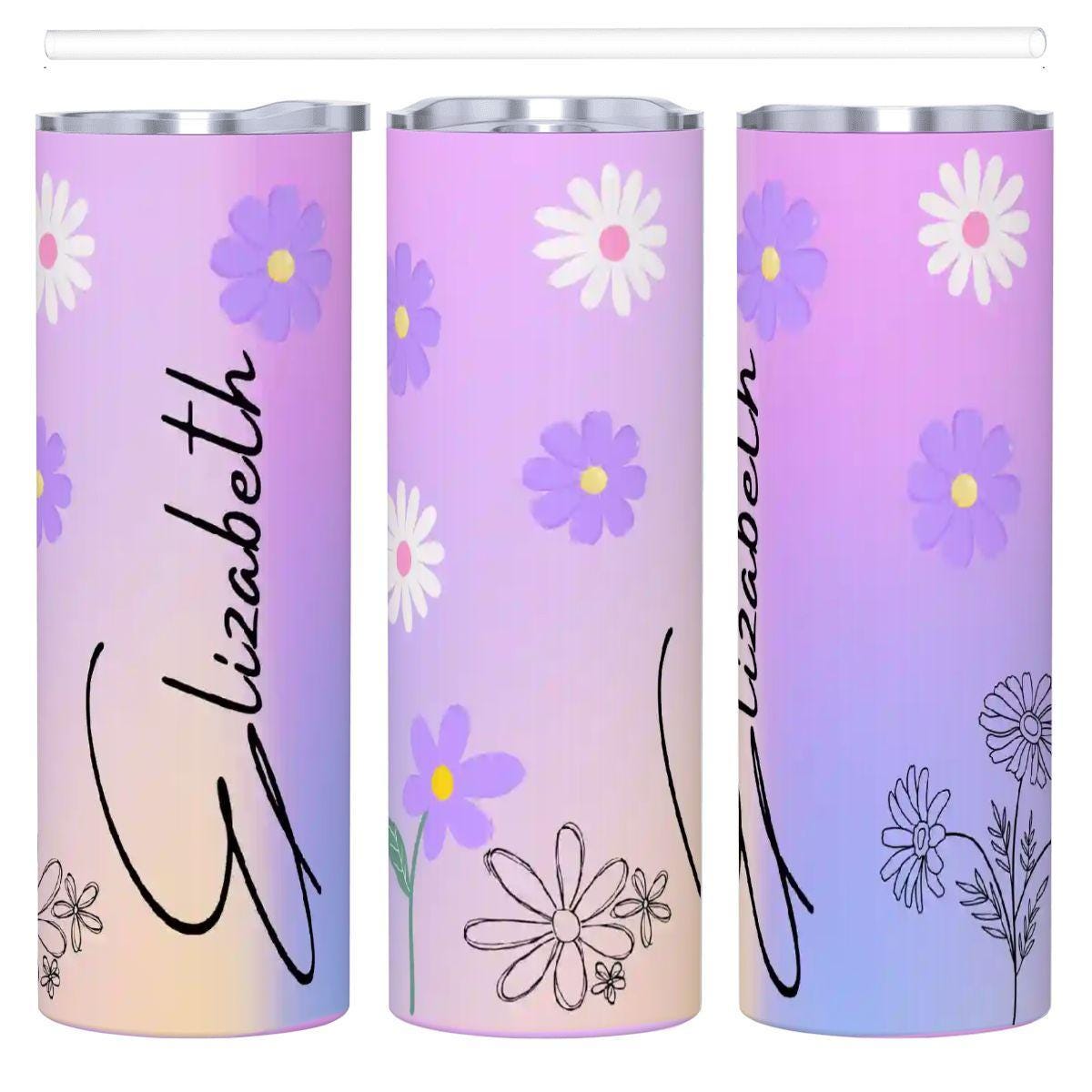 ColorFlow | Enchanted Lavender Daisy Personalized 20oz Skinny Stainless Steel Tumbler With Straw Custom Floral Name Gift